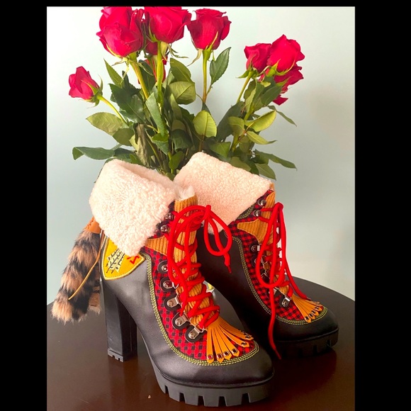 Plaid and Tribal Black Ankle Boots - Picture 1 of 3